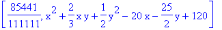 [85441/111111, x^2+2/3*x*y+1/2*y^2-20*x-25/2*y+120]